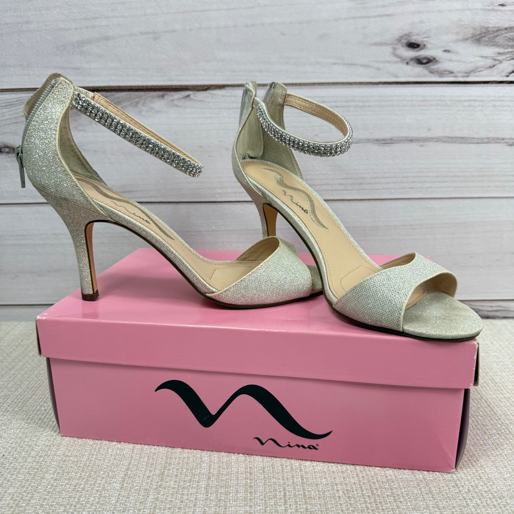 Nina‎ Silver Glitter Ankle Strap Heels Open Toe Rhinestone Varetta 7.5M